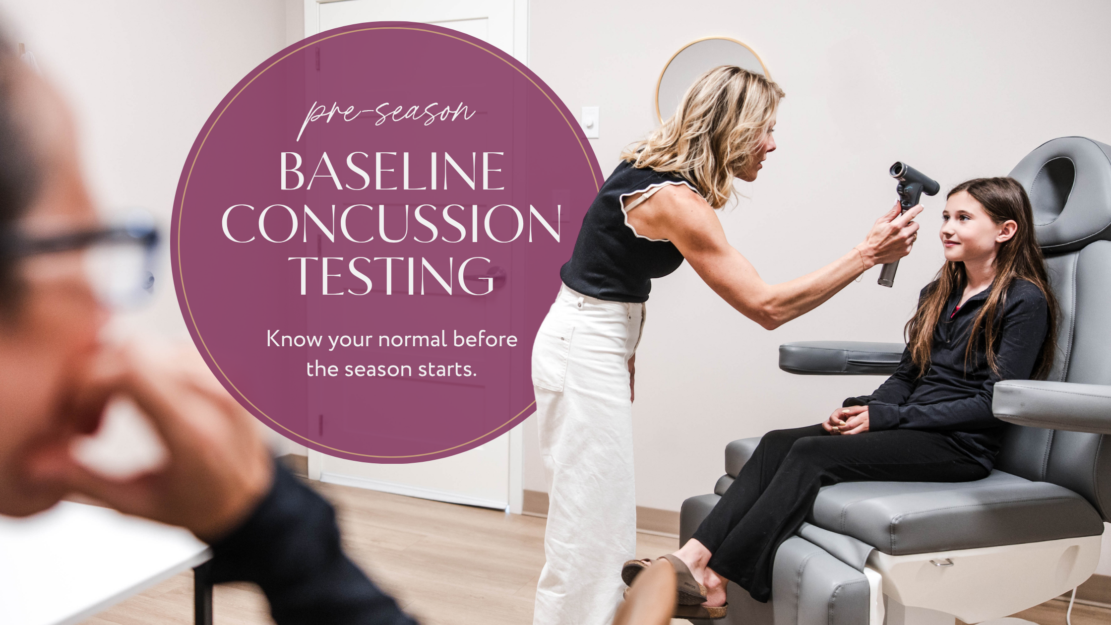 "Pre-season Baseline Concussion Testing" graphic showing a provider testing a young athlete before the season starts.