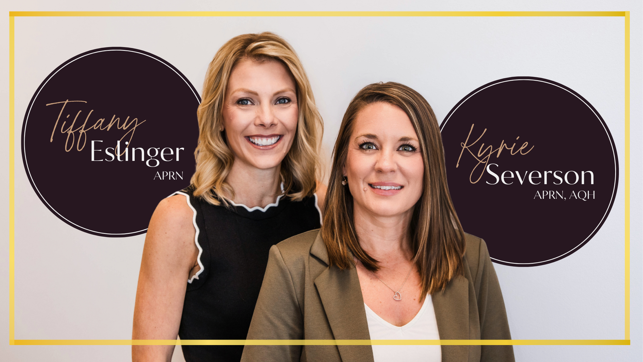Portrait graphic introducing Tiffany Eslinger, APRN, and Kyrie Severson, APRN, AQH, providers at Transcend Headache Clinic.