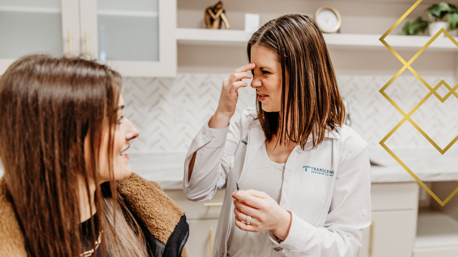 Nurse practitioner using finger to indicate headache location during consultation.