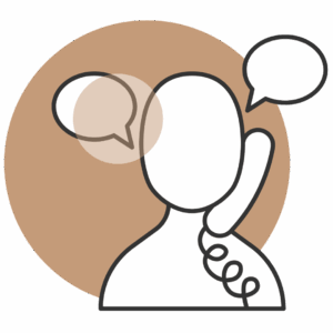 Illustration of a person with a phone and speech bubbles representing headache support and education.