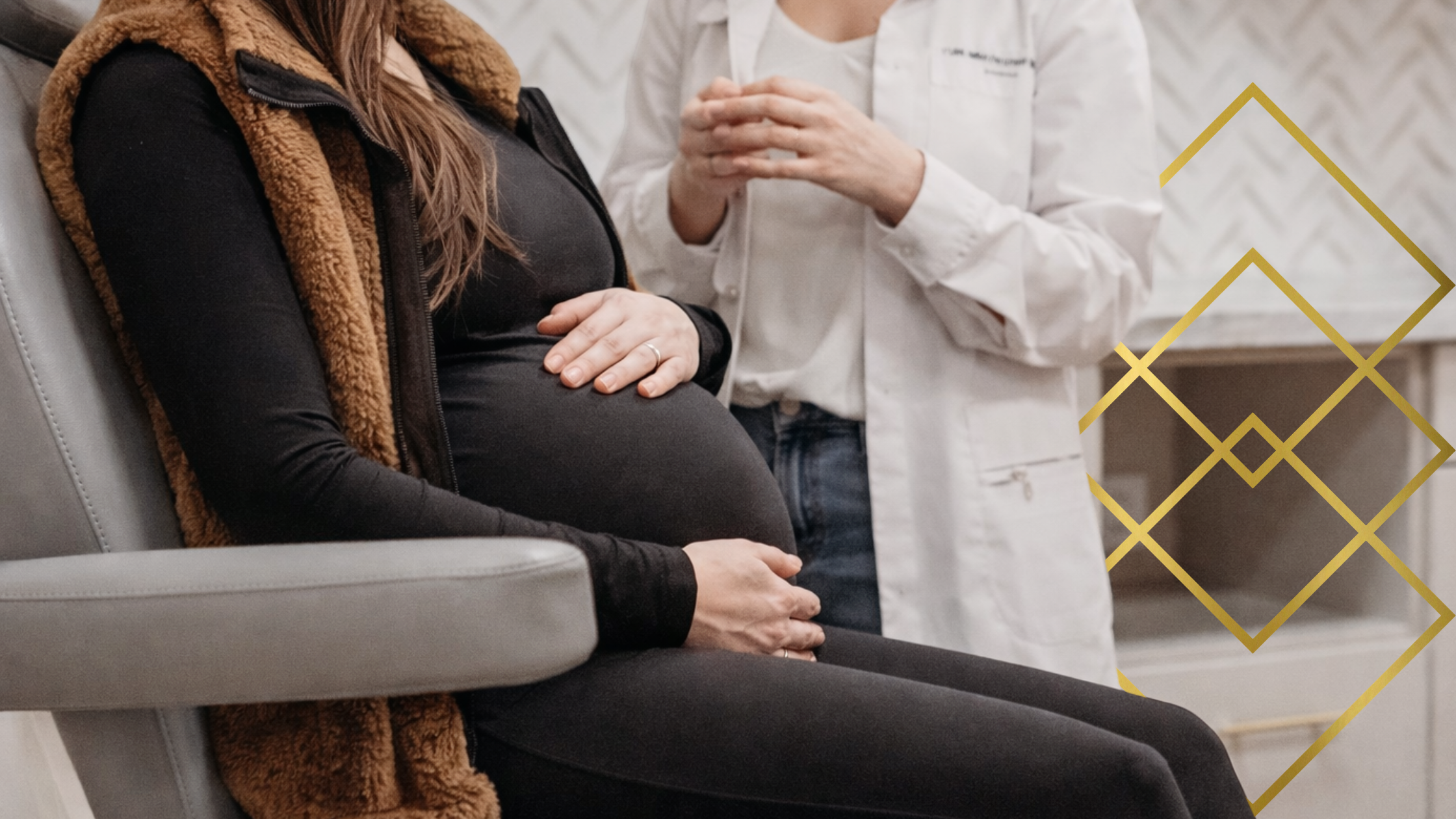 Pregnant patient sitting in clinic chair discussing headache treatment with provider.