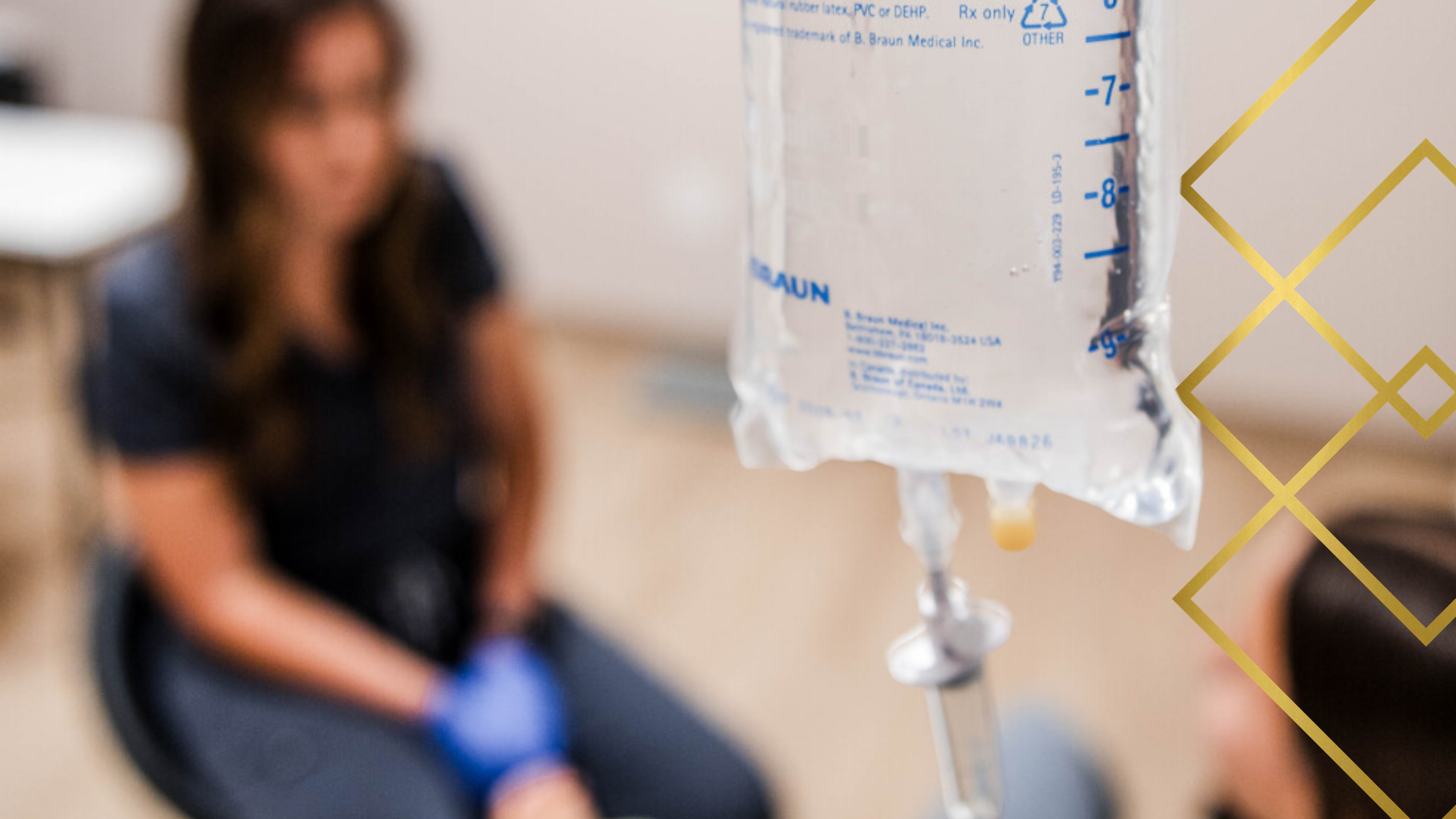 IV hydration bag during a vitamin infusion treatment at Transcend Headache Clinic.